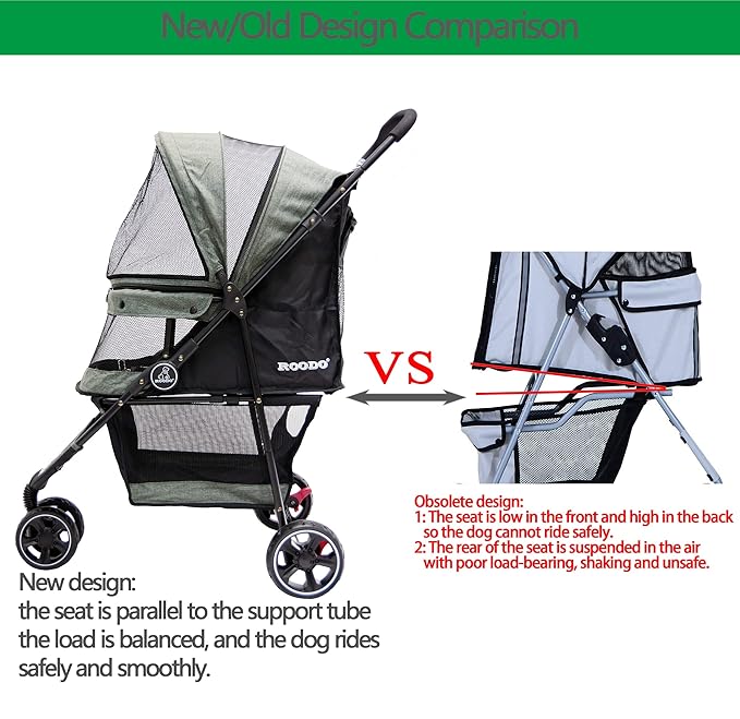 ROODO Dog Stroller 3Wheel Pet Stroller Cat Stroller Lightweight Foldable Portable Compact Jogger Pet Gear Puppy Travel Pet Stroller Suitable for 30lbs Small Dogs and Cats(Green)