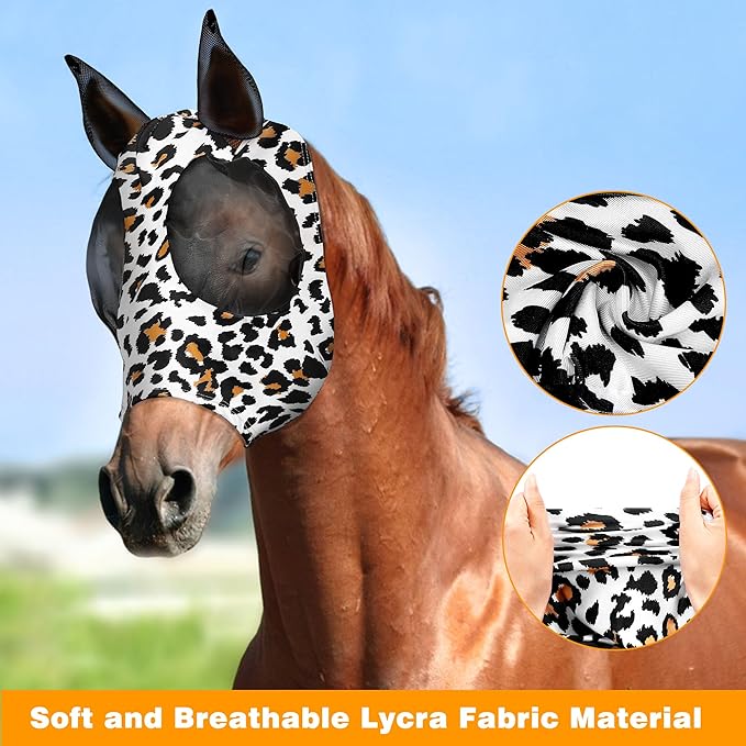 Horse Fly Mask, Softer Stretchy Fly Masks for Horses, Comfortable and Breathable Horse Fly Masks with Ears, Shade and Cooling to Protect The Horse's face from Disturbance, Leopard L