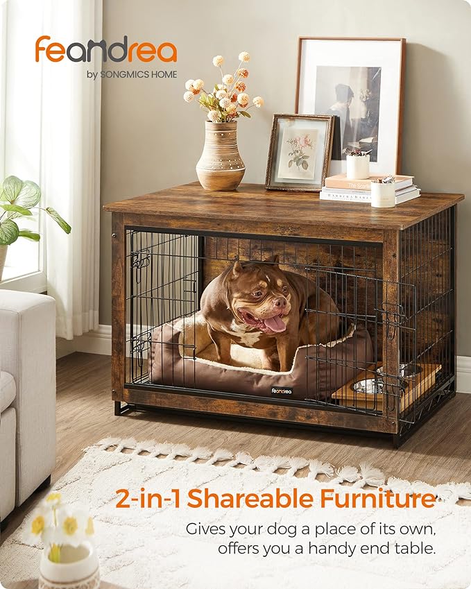 Feandrea Dog Crate Furniture, Side End Table, Modern Kennel for Dogs Indoor up to 70 lb, Heavy-Duty Dog Cage with Multi-Purpose Removable Tray, Double-Door Dog House, Rustic Brown UPFC003X01