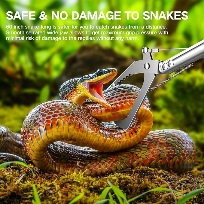 60“ Snake Tongs Collapsible Grabber, Professional Reptile Snake Catcher Wide Jaw Handling Tool, Stainless Steel Snake Hook