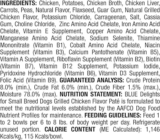 Blue Buffalo Delights Natural Adult Small Breed Wet Dog Food Cups, Pate Style, Grilled Chicken Flavor in Savory Juice 3.5-oz (Pack of 12)