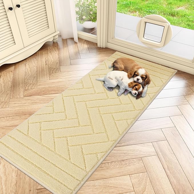 Tindbea Dog Mat for Muddy Paws,Absorbs Moisture Dirt Non-Slip Washable Mud Mat for Dogs,Soft Rubber Backing Front Inside Pet Rug for Entryway, Mud Dog Paws, Patio(20"x48",Beige)