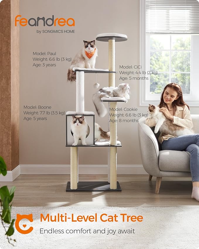 Feandrea WoodyWonders Cat Tree, 65-Inch Modern Cat Tower for Indoor Cats, Multi-Level Cat Condo with 5 Scratching Posts, Perch, Washable Removable Cushions, Cat Furniture, Misty Gray UPCT166G03