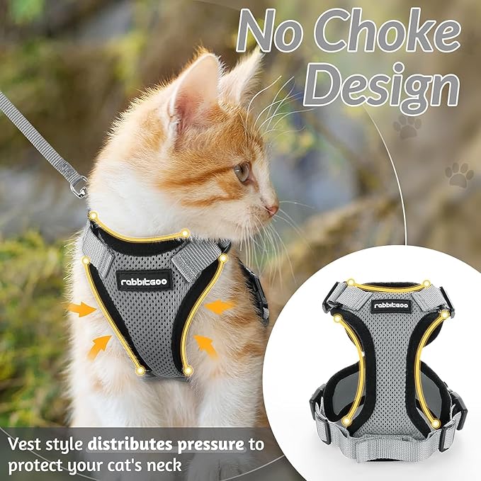 rabbitgoo Cat Harness and Leash for Walking, Escape Proof Soft Adjustable Vest Harnesses for Cats, Easy Control Breathable Reflective Strips Jacket, Grey, M