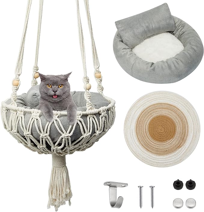 3 Pcs Macrame Cat Hammock, Including Boho Hanging Cat Bed Cat Scratcher Cat Scratch Pad Cat Swing Hanging Cat Window Perch for Small Cat Small Dog (Cute Style,40 x 12 Inch)