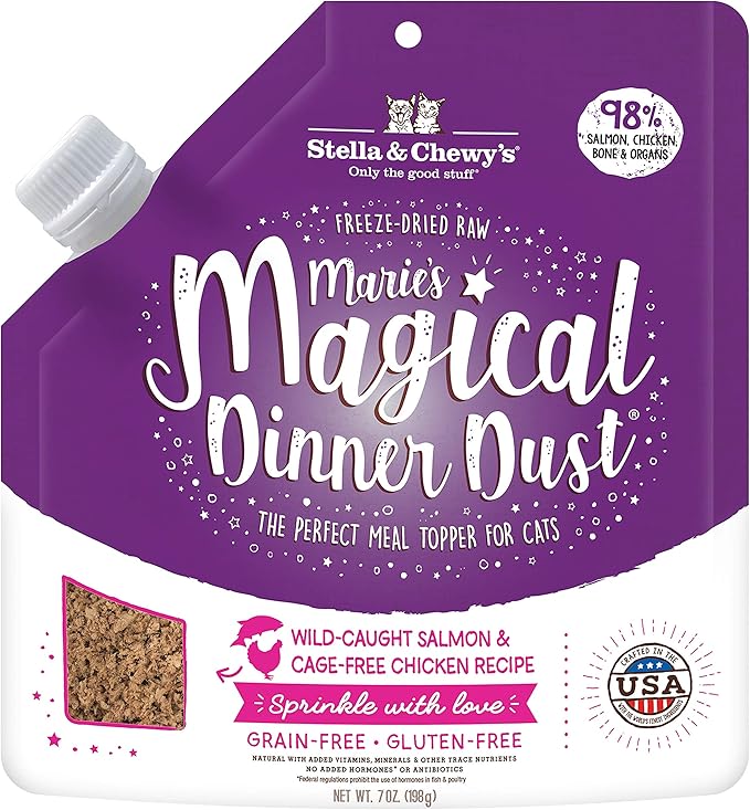 Stella & Chewy's Freeze-Dried Raw Marie’s Magical Dinner Dust – Grain Free, Protein Rich Cat & Kitten Food Topper – Wild-Caught Salmon & Cage-Free Chicken Recipe – 7 oz Bag