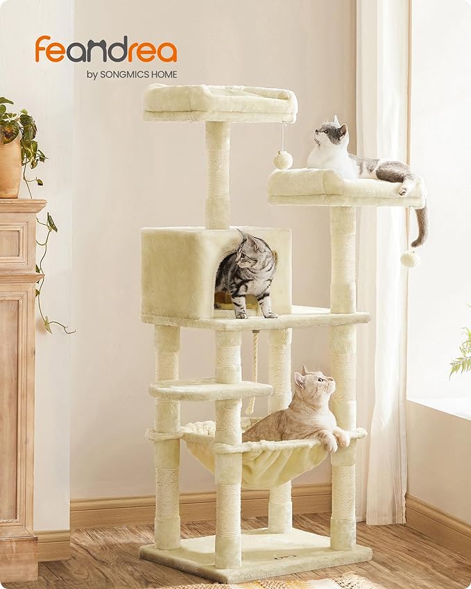 Feandrea Cat Tree, 56.3-Inch Cat Tower for Indoor Cats, Multi-Level Cat Condo with 11 Scratching Posts, 2 Perches, Cave, Hammock, Beige UPCT15BE