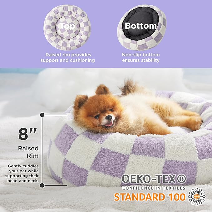 Lesure Donut Small Dog Bed - Round Cat Beds for Indoor Cats Calming Pet Beds, Cute Modern Beds with Jacquard Shaggy Plush & Anti Slip Bottom, 23 Inch, Purple