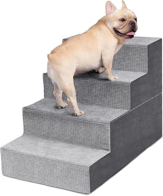 Heeyoo Dog Stairs for Small Dogs, 4-Step Dog Steps for High Bed and Couch, High-Density Foam Pet Steps with Supporting Board, Non-Slip Removable Washable Cover, Grey, 18" High