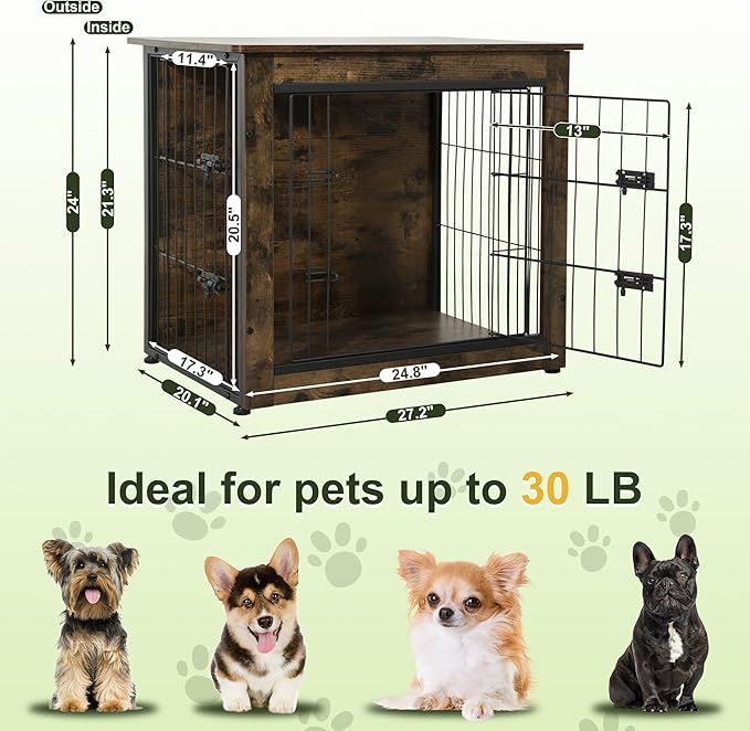 NicBex Dog Crate Furniture, 27.2" L Small Dog Crate, Dog Crates for Medium Small Dogs, Medium Dog Crate with Double Doors, Heavy Duty Dog Crate, Wooden Dog Kennel Indoor up to 30lb, Rustic Brown