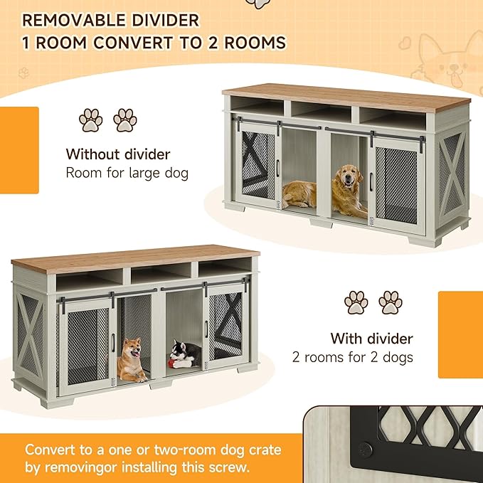 Dog Crate Furniture, 71" Heavy Duty Dog Kennel with 3 Storage Cubby for 2 Dogs, Versatile Dog House with Removable Divider and 2 Sliding Barn Door for Large Dog, White/Light Oak