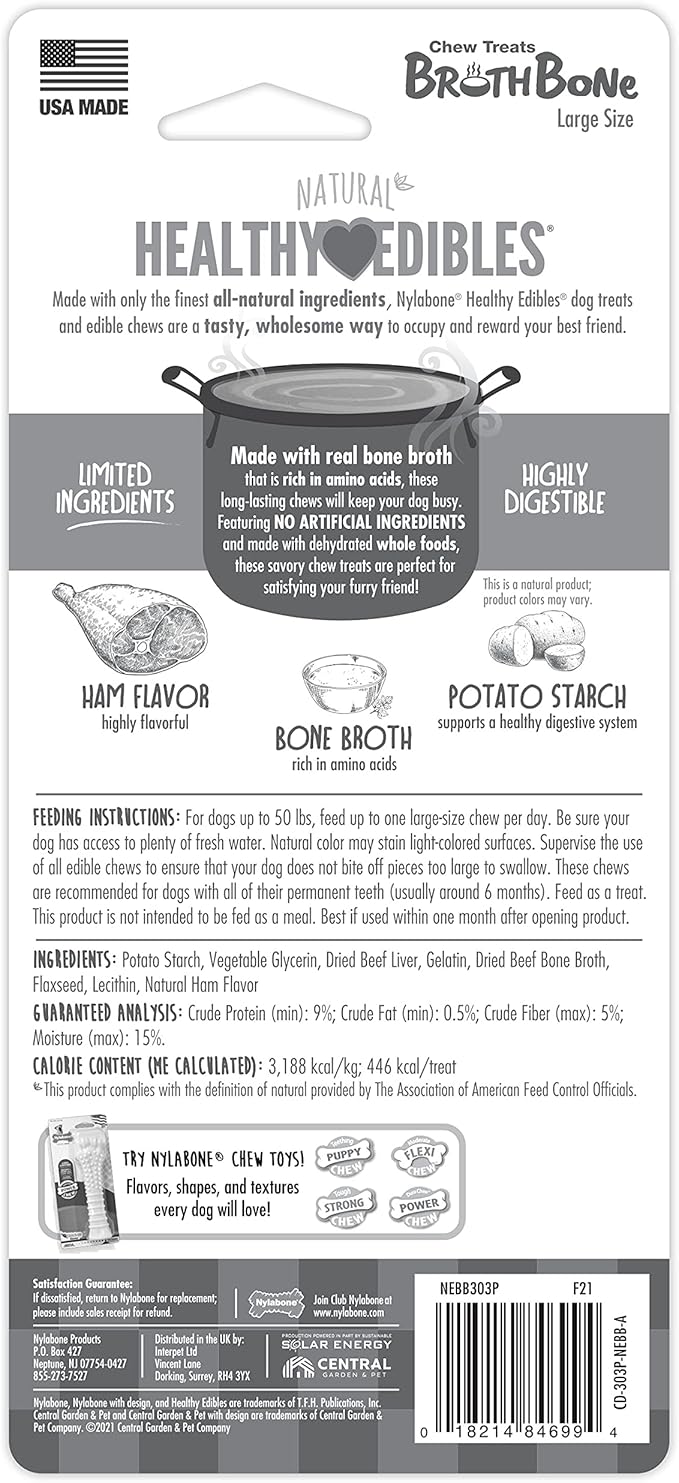 Nylabone Healthy Edibles Natural Bone Broth Dog Chews Long Lasting Bone Broth Flavor Treats for Dogs, Large/Giant (1 Count)