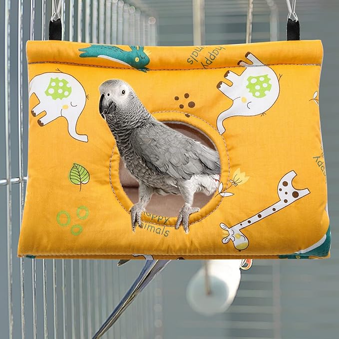 Rypet Winter Warm Bird Nest House - Hanging Hammock Velvet Shed Hut Cage Plush Fluffy Birds Hideaway Sleeping Bed Fuzzy for African Grey Cockatoo and Other Amazon Parrot Large（Yellow）