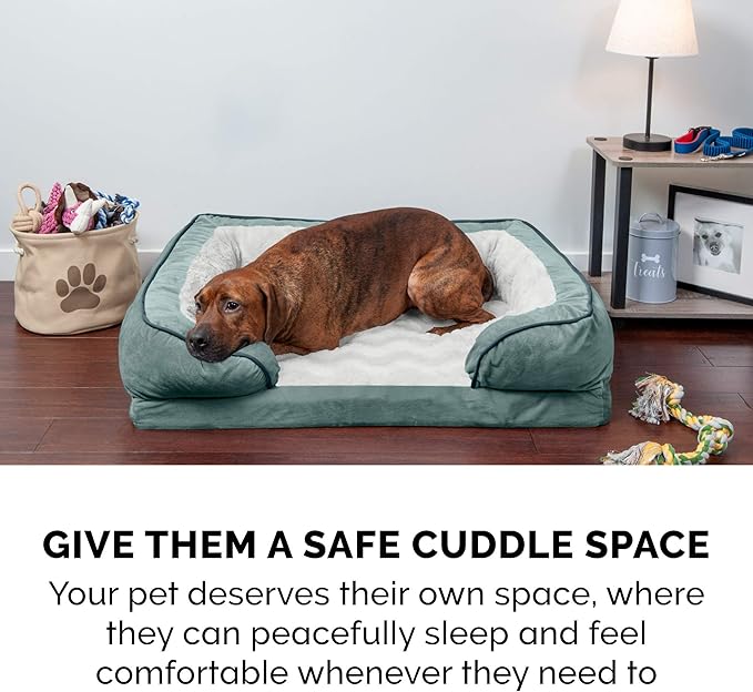 Furhaven Memory Foam Dog Bed for Large Dogs w/ Removable Bolsters & Washable Cover, For Dogs Up to 95 lbs - Plush & Velvet Waves Perfect Comfort Sofa - Celadon Green, Jumbo/XL