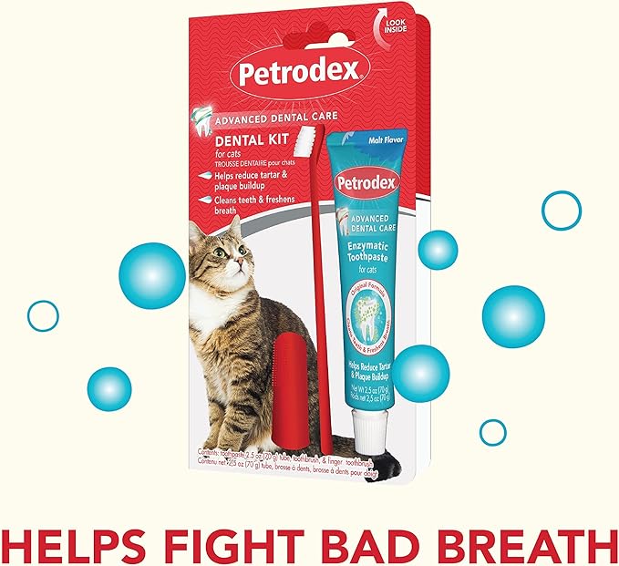 Petrodex Dental Care Kit for Cats, Cat Toothbrush and Toothpaste, Cleans Teeth and Fights Bad Breath, Reduces Plaque Tartar Formation, Malt Flavor, 2.5oz Toothpaste + Toothbrush