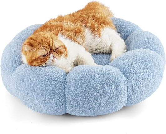 Lesure Calming Cat Beds for Indoor Cats - Cute Flower Pet Beds in Teddy Sherpa Plush, Donut Round Fluffy Puppy Bed, Non-Slip Extra Small Dog Bed Fits up to 15 lbs, Machine Washable, Blue 20"