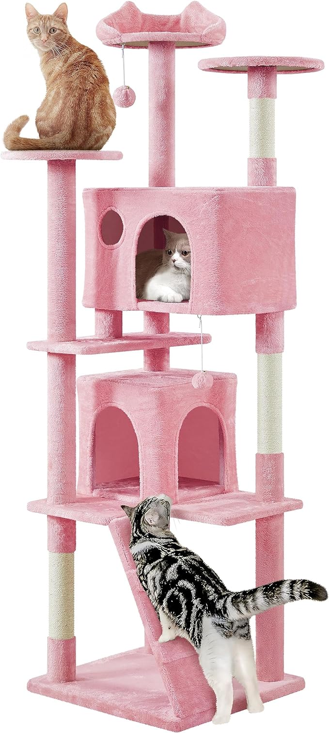 Yaheetech XL Cat Tree, 80in Multi-Level Cat Tower w/Cat Scratching Posts, Double Cat Condo, Perched Platforms and Dangling Balls, Cat Activity Center for Kittens Pets, Pink