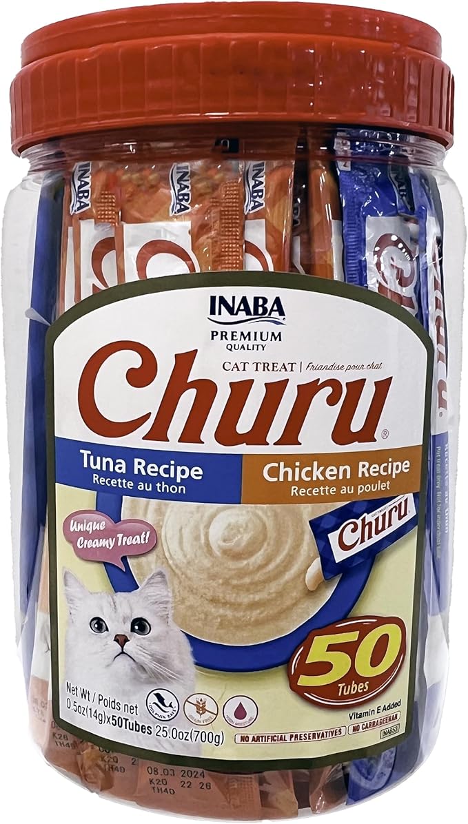 INABA Churu Cat Treats, Grain-Free, Lickable, Squeezable Creamy Purée Cat Treat/Topper, 25 Tuna & 25 Chicken