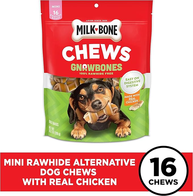 Milk-Bone Chews GnawBones Rawhide Free Dog Treats, Chicken, 16 Long Lasting Mini Knotted Bones