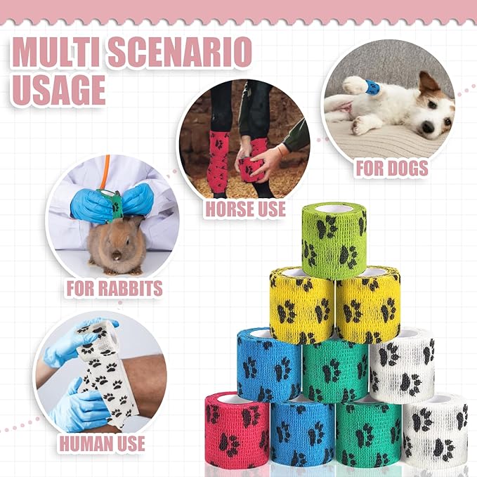 Vet Wrap for dogs,Bandage Wrap,12Pcs 2 Inches X 5 Yards Pet PreWrap Cohesive Bandages Bulk Self Adhesive dog Paw Protector for Horse, Cat, Bird, Pet Animal