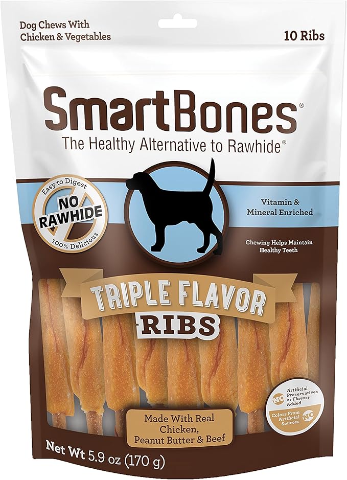 SmartBones No Artificial Colors or Preservatives Rib and Wing Chews, Treat Your Dog to a Fun Shapped Triple Flavor Chew