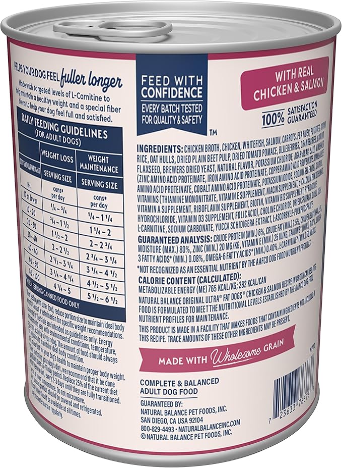 Natural Balance Original Ultra Fat Dogs Adult Low Calorie Wet Dog Food for Overweight Dogs, Chicken & Salmon Recipe in Broth, 13-oz. Can (Pack of 12)