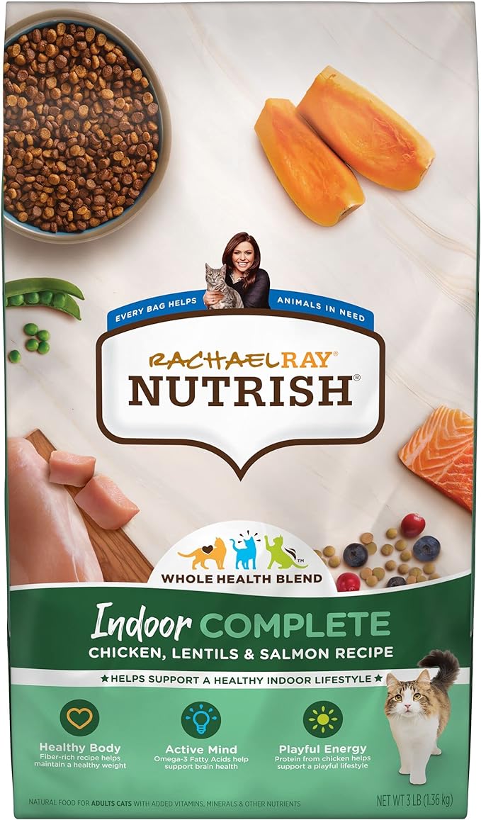 Rachael Ray Nutrish Indoor Complete Premium Natural Dry Cat Food with Added Vitamins, Minerals & Other Nutrients, Chicken with Lentils & Salmon Recipe, 3 Pounds