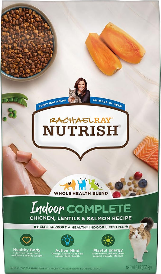 Rachael Ray Nutrish Indoor Complete Premium Natural Dry Cat Food with Added Vitamins, Minerals & Other Nutrients, Chicken with Lentils & Salmon Recipe, 3 Pounds