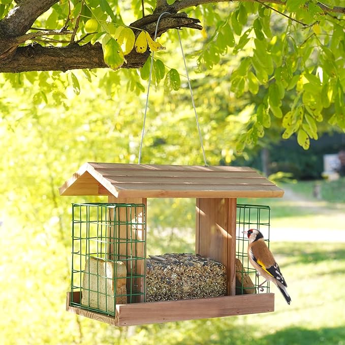 Wooden Bird Feeders for Outdoor Hanging, Large Capacity Handmade Wildbird Feeder for Outside Yard Patio Hanging with Double Suet Holder Cages, Waterproof and Durable, Nature