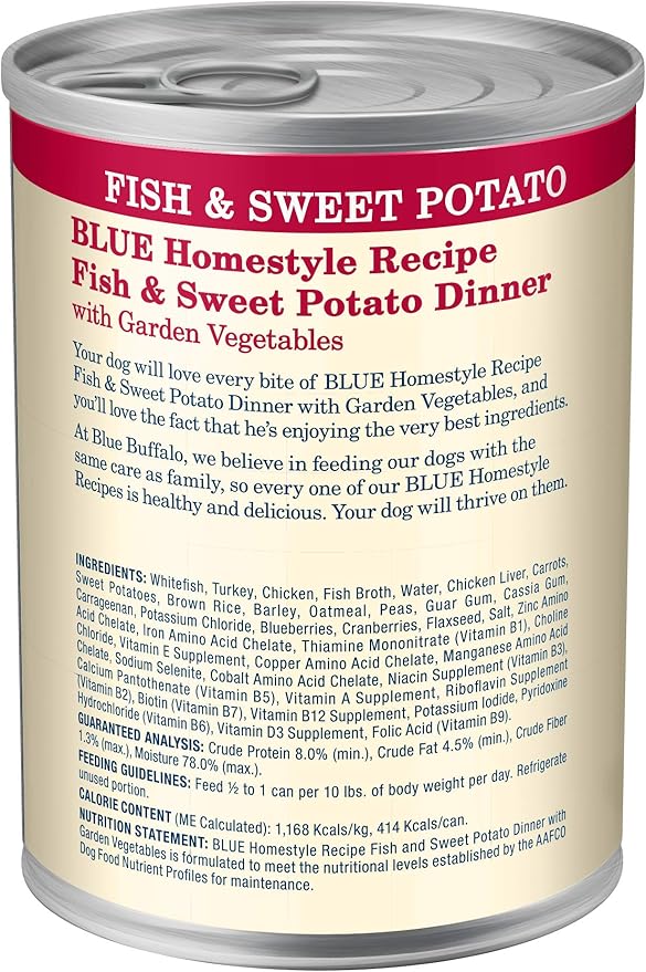 Blue Buffalo Homestyle Recipe Natural Adult Wet Dog Food, Fish & Sweet Potato 12.5 oz cans (Pack of 12)