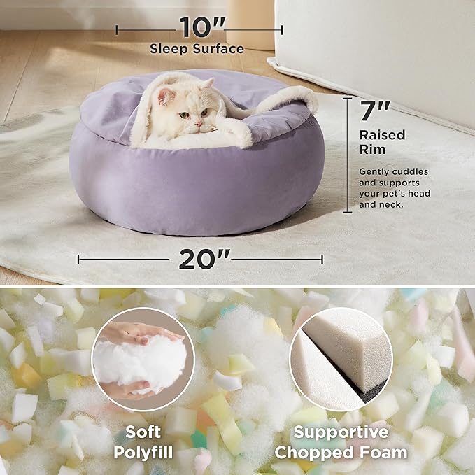 Lesure Cat Bed with Cover Cave - Covered Round Kitten Bed with Hooded Blanket, Machine Washable Burrow Pet Bed for Indoor Cats, Extra Small Cozy Cave Puppy Bed with Anti-Slip Bottom, Purple 20"