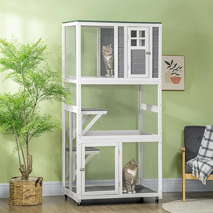 74 Inch Wooden Catio Outdoor Cat Enclosure on Wheels, Luxury Kitty-House with Resting House, 2 Jumping Platforms & Weatherproof Asphalt Roof, Kitty Condo Cage Shelter Playpen