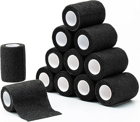 Cohesive Bandage Tape, Self Adherent Vet Wrap, Flexible Athletic Self Adhesive Bandage Wrap 4 Inch, 12 Rolls (Black)