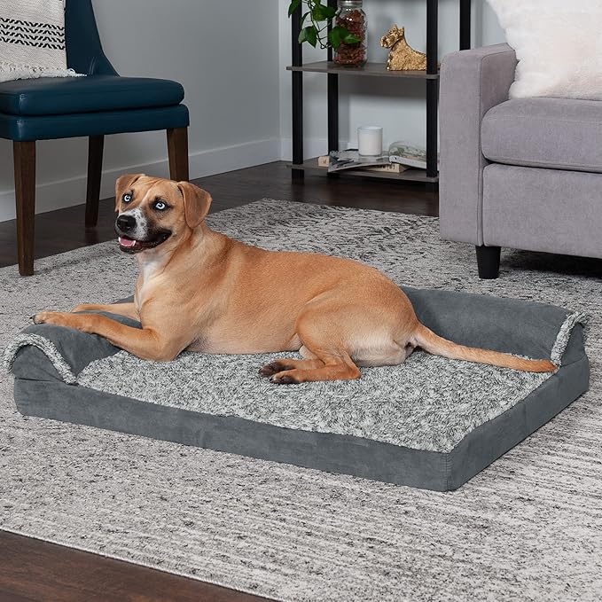 Furhaven Cooling Gel Dog Bed for Large/Medium Dogs w/ Removable Bolsters & Washable Cover, For Dogs Up to 55 lbs - Two-Tone Plush Faux Fur & Suede L Shaped Chaise - Stone Gray, Large