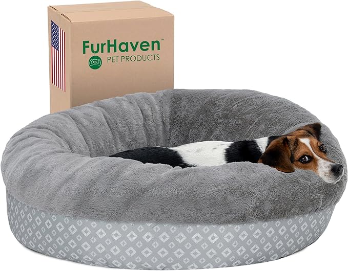 Furhaven 30" Round Donut Dog Bed for Medium/Small Dogs, Refillable w/ Removable Washable Cover, For Dogs Up to 45 lbs - Plush & Diamond Print Donut Bed - Gray, Medium