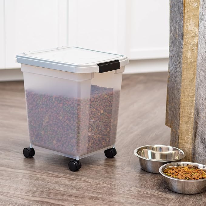 IRIS USA WeatherPro Airtight Dog Food Storage Container, Up to 25 lbs, Removable Wheels, for Dog Cat Bird and Other Pet Food Storage Bin, Keep Fresh, Translucent Body, Clear/Gray