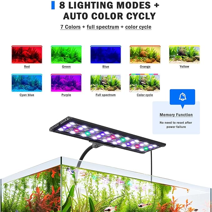 AQQA LED Aquarium Light, 24/7 Mode Clip on Fish Tank Light with Memory Function, DIY Mode Full Spectrum Aquarium Plant Light, Adjustable Timer/Brightness, IP68 Waterproof for 24-32 in Fish Tank 26W