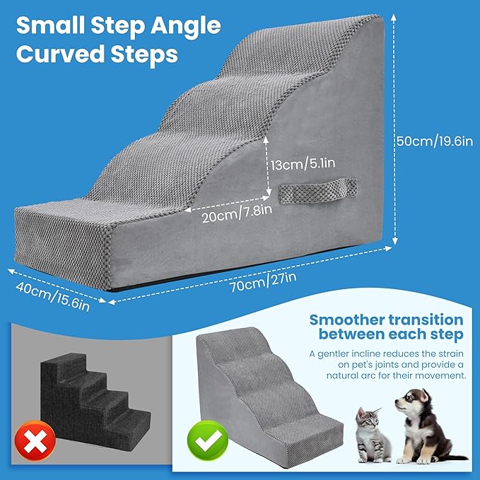 Dog Stairs 4 Steps, 19.6 inch High Pet Stairs, 30D Foam Dog Dtairs & Steps Curved Steps and Small Step Angle Protect Your Pet's Joints, Dog Steps for Small Dog, Dog Stairs to Bed, Gray