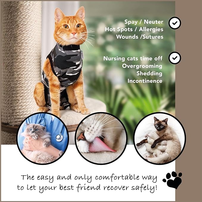 Suitical Recovery Suit for Cats | Spay and Neutering Cat Surgery Recovery Suit for Male or Female | Soft Fabric for Skin Conditions | S | Neck to Tail 16.9” - 20.1" | Black Camouflage