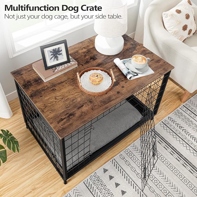 Dog Crate Furniture, Wooden Dog Kennel with Removable Tray, Heavy-Duty Dog Cage End Side Table, Indoor Dog House for Small/Medium/Large Dogs, 37.8" L, Rustic Brown DCHR0301Z