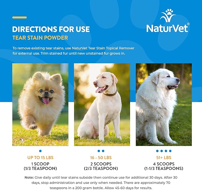 NaturVet – Tear Stain Plus Lutein | Eliminates Unsightly Tear Stains | Enhanced with Cranberry Extract, Calcium Ascorbate & Oregon Grape Root | for Dogs & Cats | 200 Gram Powder