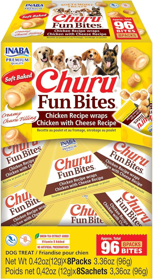 INABA Churu Fun Bites for Dogs, Soft & Chewy Baked Chicken Wrapped Filled Dog Treats with Vitamin E, 0.42 Ounces per Tetra, 8 Tetras per Box, Chicken with Cheese Recipe