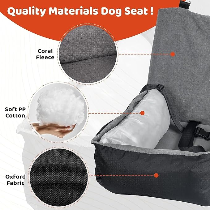 IFurffy Dog Car Seat, Pet Car Seat with Storage Pockets and Clip-On Safety Leash, Washable Coral Fleece Dog Booster Seat for Small Medium Dogs, Small Dog Car Seat for Travel Dog Car Bed (Gray)