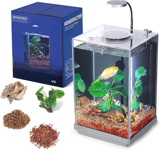 3 Gallon Aquarium Fish Tank AIO Starter Kit, including HD Float Glass Small Aquarium, Self-Cleaning Bottom Filter, Light, Substrate, Plants, Cleaning Tool Set. Beginner's Gift for Betta, Guppy, Shrimp