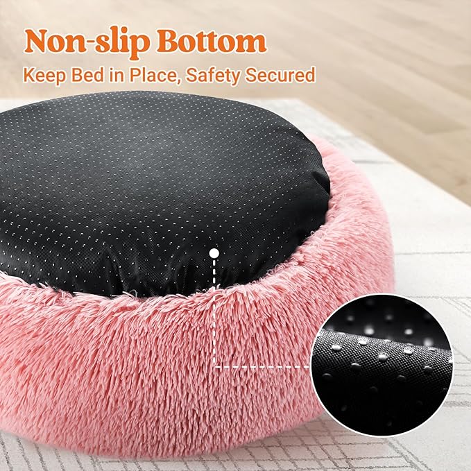 rabbitgoo Calming Dog Bed for Small Dog, 27 inches Pet Bed Washable, Fluffy Round Bed, Non-Slip Plush Large Cat Bed, Soft Cushion for Puppy, Pink