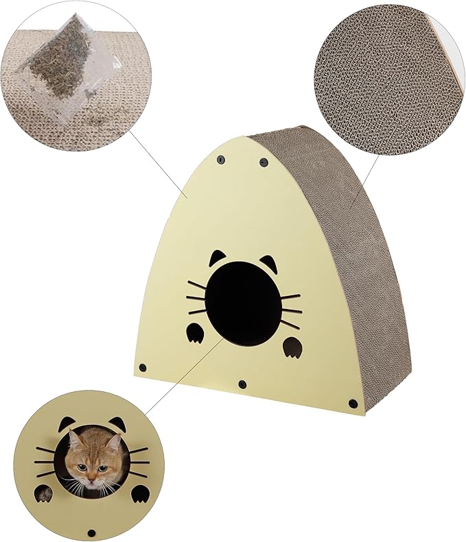 CSR1006A Koko 19" Modern Cardboard Triangle Cat Cave Scratcher with Catnip, Almond