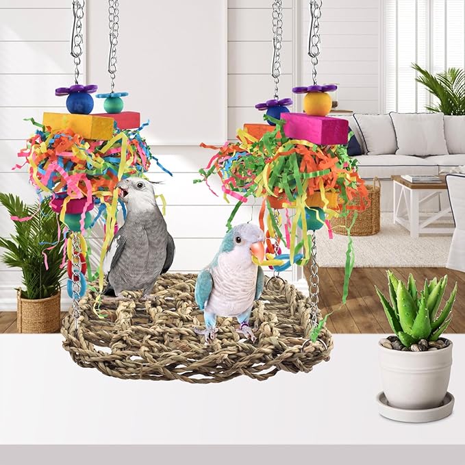 KATUMO Conure Toys, Bird Grass Swing Mat Parrot Climbing Hammock with Colorful Toys for Parakeet, Cockatiel, Sun Conure, Lovebird, Budgie, Small Birds