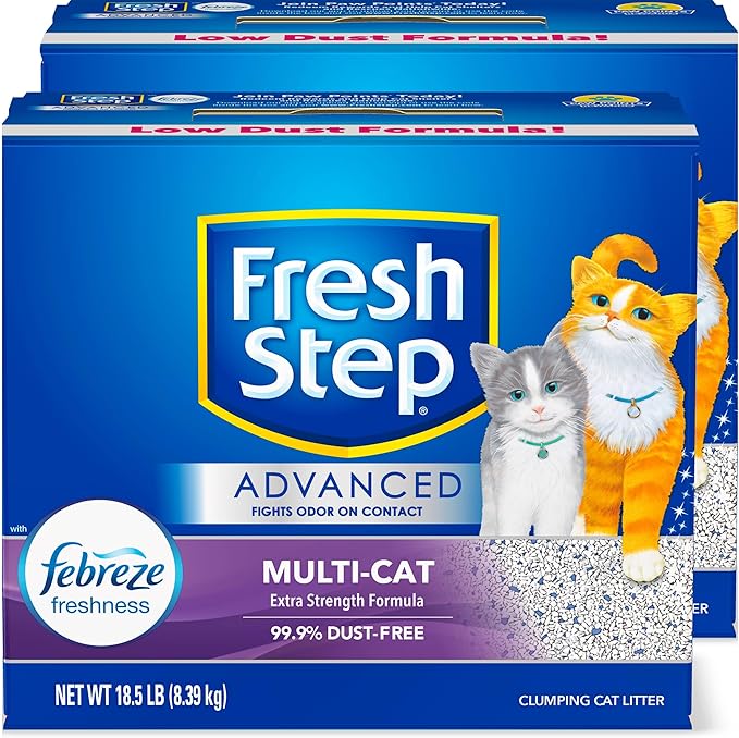 Fresh Step Advanced Multi-Cat Clumping Litter With Febreze Freshness, Fresh Step Clumping Cat Litter Extra Strength Formula With Guaranteed Odor Control, 37 lbs. (2 x 18.5 lb. Box)