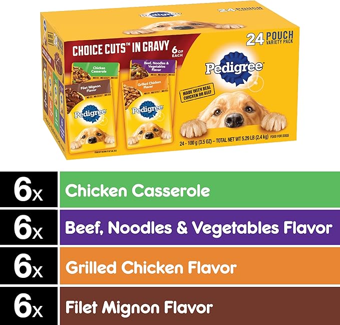 PEDIGREE CHOICE CUTS IN GRAVY Adult Soft Wet Dog Food 24-Count Variety Pack, 3.5 oz Pouches