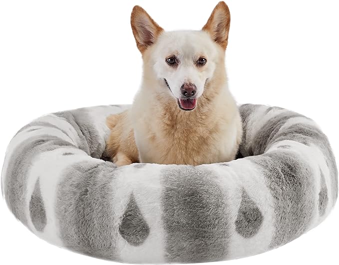 Best Friends by Sheri Patterned Lux Faux Fur Calming Large Donut Dog Bed, Gray, 30" x 30"